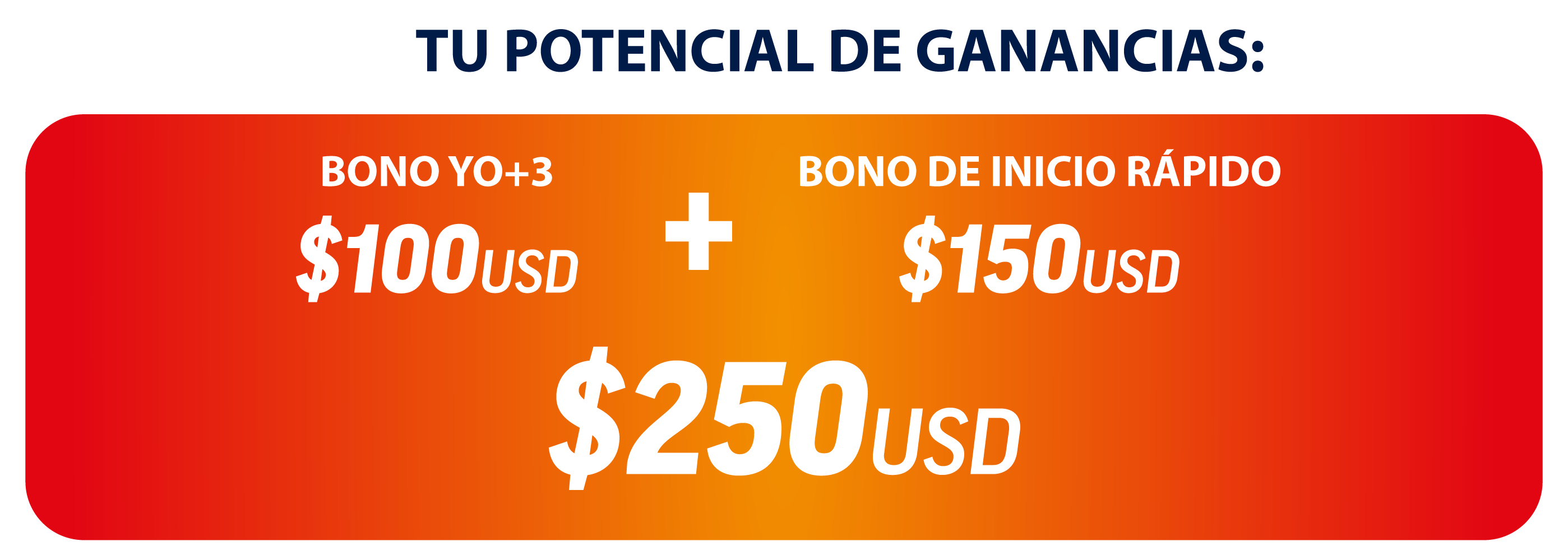 Your earning potential: ME+3 Bonus $100 USD + Fast Start Bonus $150 USD = $250 USD